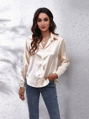 Luxe satin collared button-down shirt in ivory with a relaxed fit.