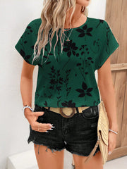 Dark green t-shirt with black botanical print, round neck, short sleeves.