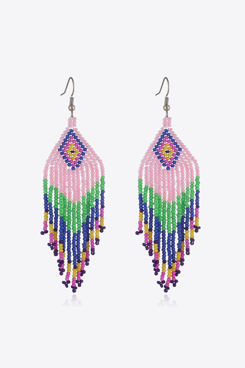 Beaded diamond fringe earrings in pink with multicolor bead strands and boho style.