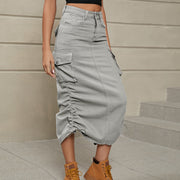 Mid gray denim midi cargo skirt with adjustable ruching detail