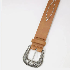 Caramel faux leather belt with silver studs and ornate buckle detail
