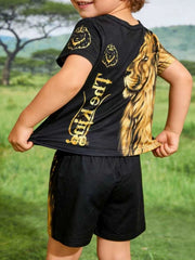 Black graphic tee and shorts set with crew neck and lion print.