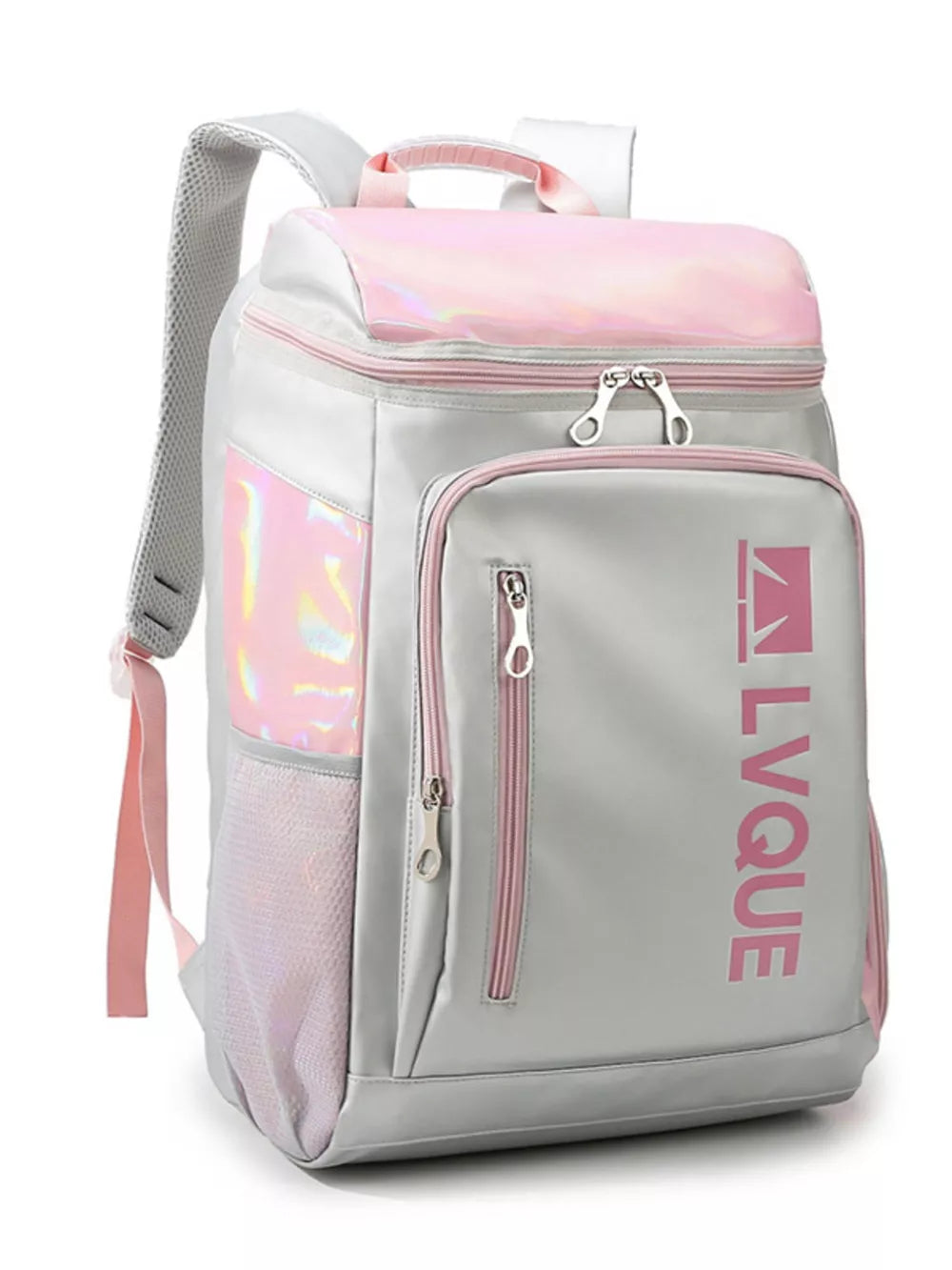 Gray waterproof sports backpack with pink iridescent accents and logo.