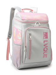 Gray waterproof sports backpack with pink iridescent accents and logo.