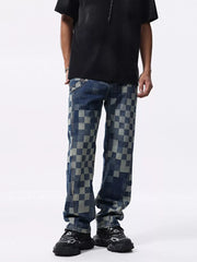 Checkerboard pattern relaxed fit jeans in blue denim with a contemporary checkered design.