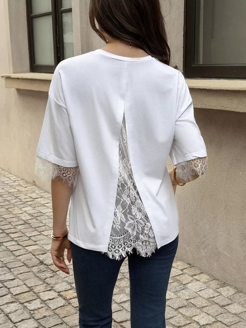 Lace Trimmed Casual T-shirt in White, back view