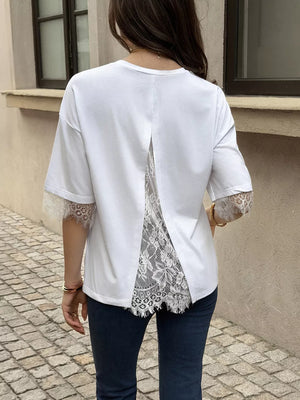 Lace Trimmed Casual T-shirt in White, back view
