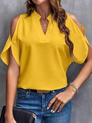 Yellow open-shoulder blouse with mandarin collar and v-neck, casual short sleeves