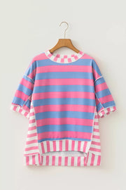 Oversized striped maternity overshirt with patchwork details and a checkered neckline.