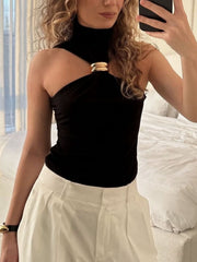 Black asymmetrical halter neck tank top with gold ring detail.