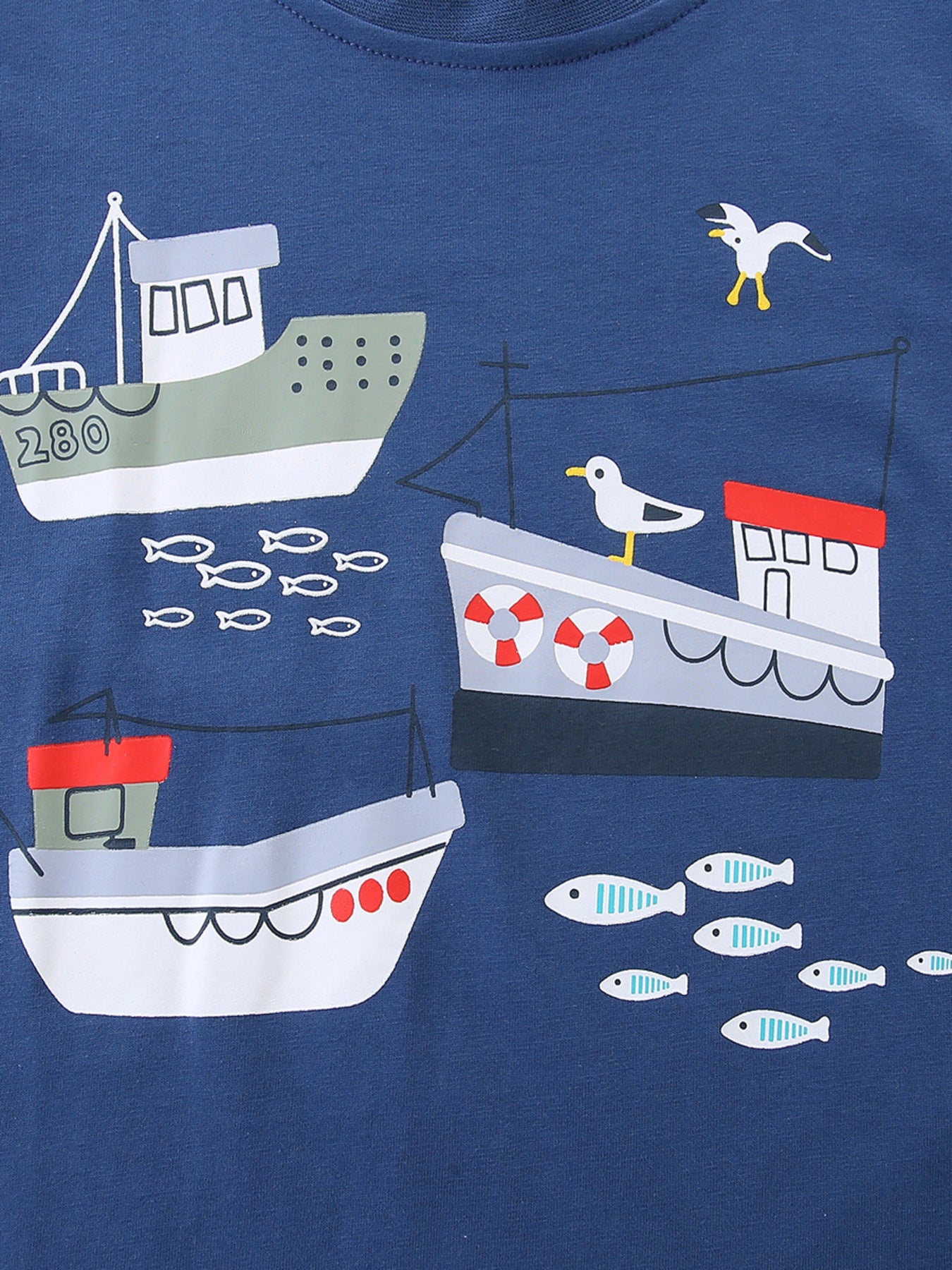 Toddler t-shirt with boat and fish print, 100% cotton, crew neck.