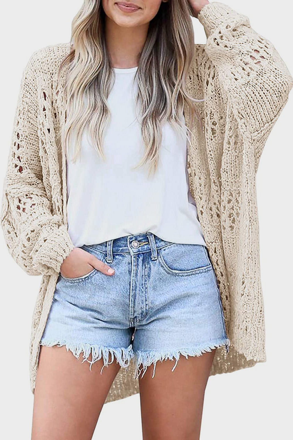 Sand open-knit slouchy cardigan with dropped shoulders and wide sleeves.