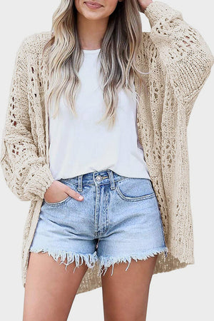 Sand open-knit slouchy cardigan with dropped shoulders and wide sleeves.