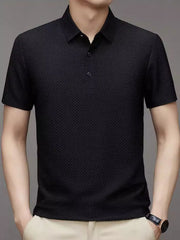 Black textured knit polo shirt with short sleeves and a two-button placket.