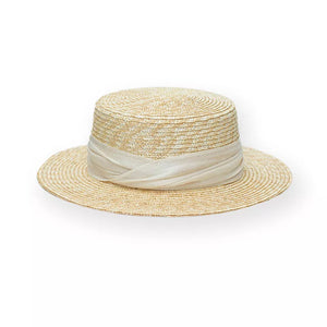 Elegant straw boater hat in tan with a sheer ribbon trim