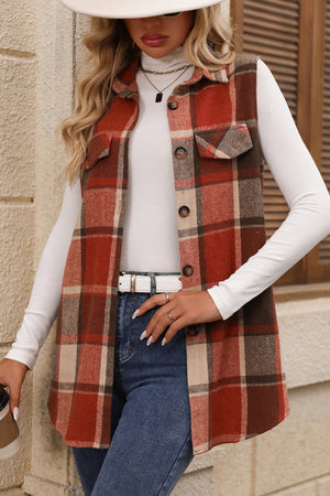 Plaid utility vest in terracotta with button front and patch pockets, 100% polyester.