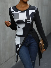 Black tunic with asymmetric geometric print and draped hem