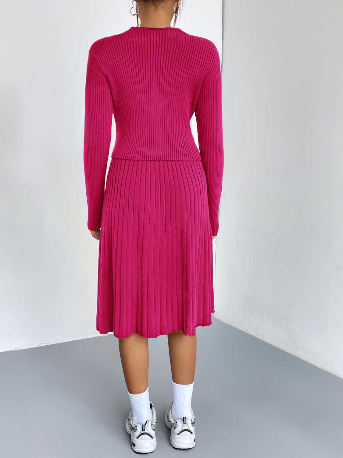 Hot Pink ribbed knit fit-and-flare co-ord set with a long sleeve top and A-line skirt.