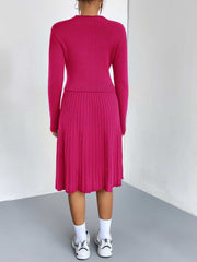 Hot Pink ribbed knit fit-and-flare co-ord set with a long sleeve top and A-line skirt.