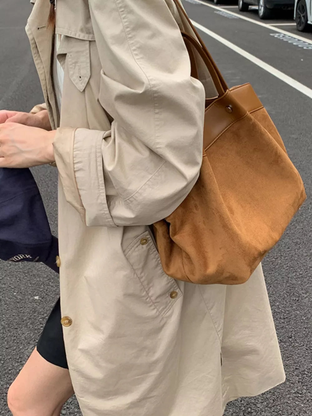Suede And Leather Trim Shoulder Bag in Brown, alternate angle