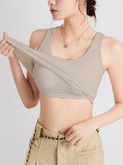 Sculpted Back Crop Tank in Dust Storm, showing stretchy fabric and scoop neckline.