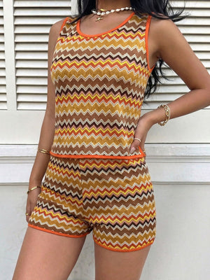 Zigzag knit two-piece set with tank top and shorts in brown, yellow, and orange.