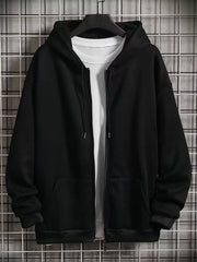 Black zip-up hoodie with drawstring hood and front pockets, layered over a white t-shirt.