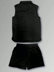 Black sleeveless vest with collar and matching shorts.