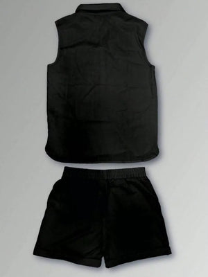 Black sleeveless vest with collar and matching shorts.