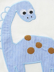 Blue cotton toddler set with a light blue dinosaur applique and brown polka dots.
