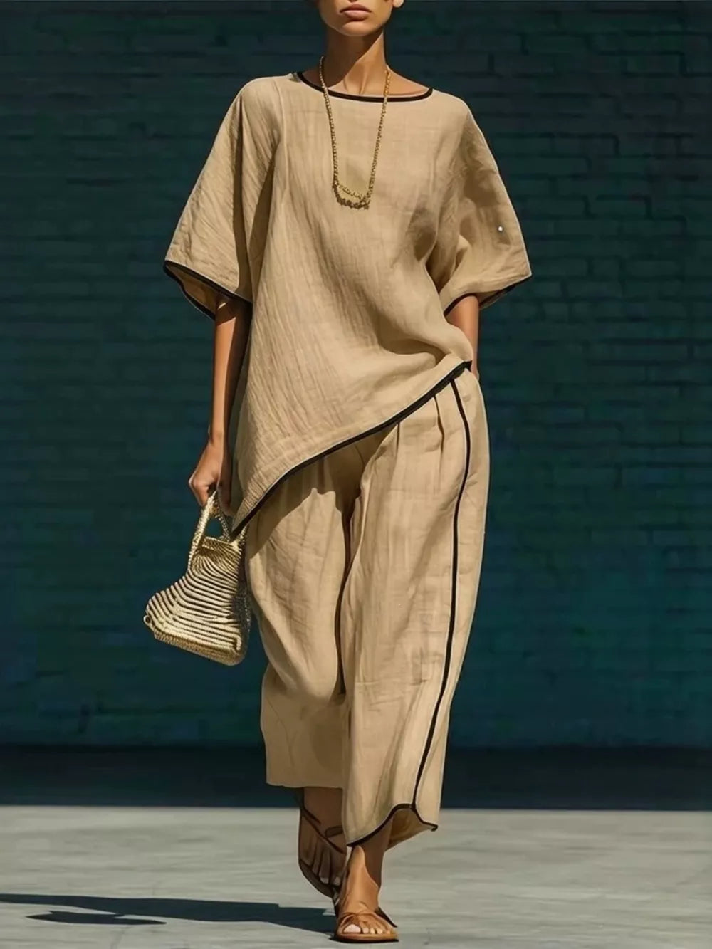 Khaki two-piece set with contrast trim, half sleeves, and wide-leg pants.