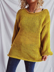 Mustard open-knit slouchy boatneck pullover sweater with relaxed fit and ribbed hem.