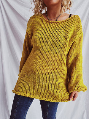 Mustard open-knit slouchy boatneck pullover sweater with relaxed fit and ribbed hem.