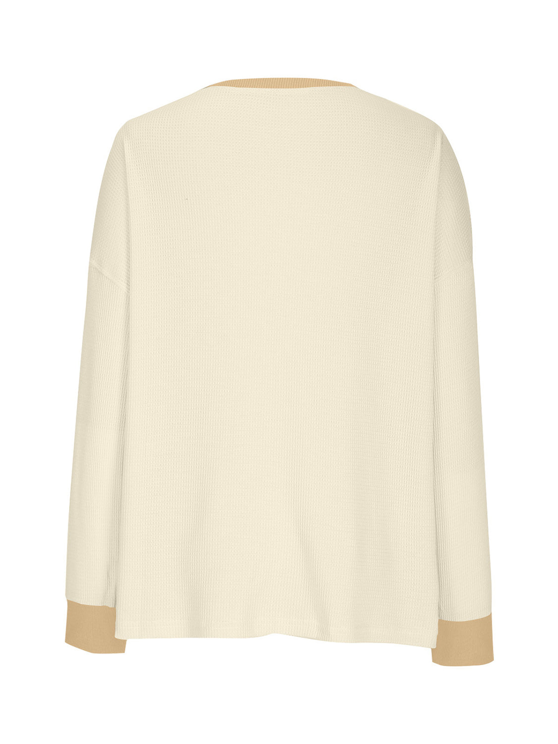 Waffle knit raglan sleeve sweatshirt in cream with tan cuffs and neckline detail.