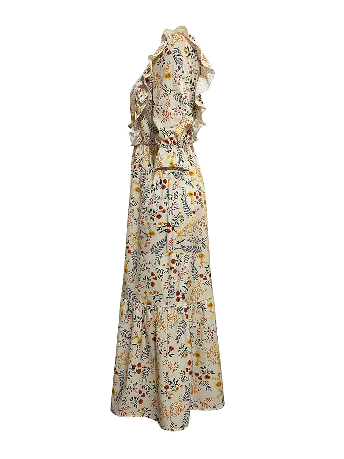 Floral wrap midi dress with ruffled shoulders and tiered skirt.
