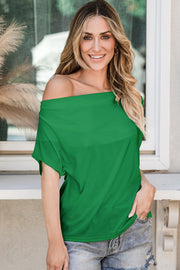 Cowl neck cap-sleeve tee in dark green, off-the-shoulder style.