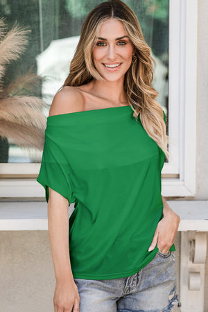 Cowl neck cap-sleeve tee in dark green, off-the-shoulder style.