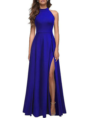 Royal blue sleeveless maxi dress with high neck and thigh slit