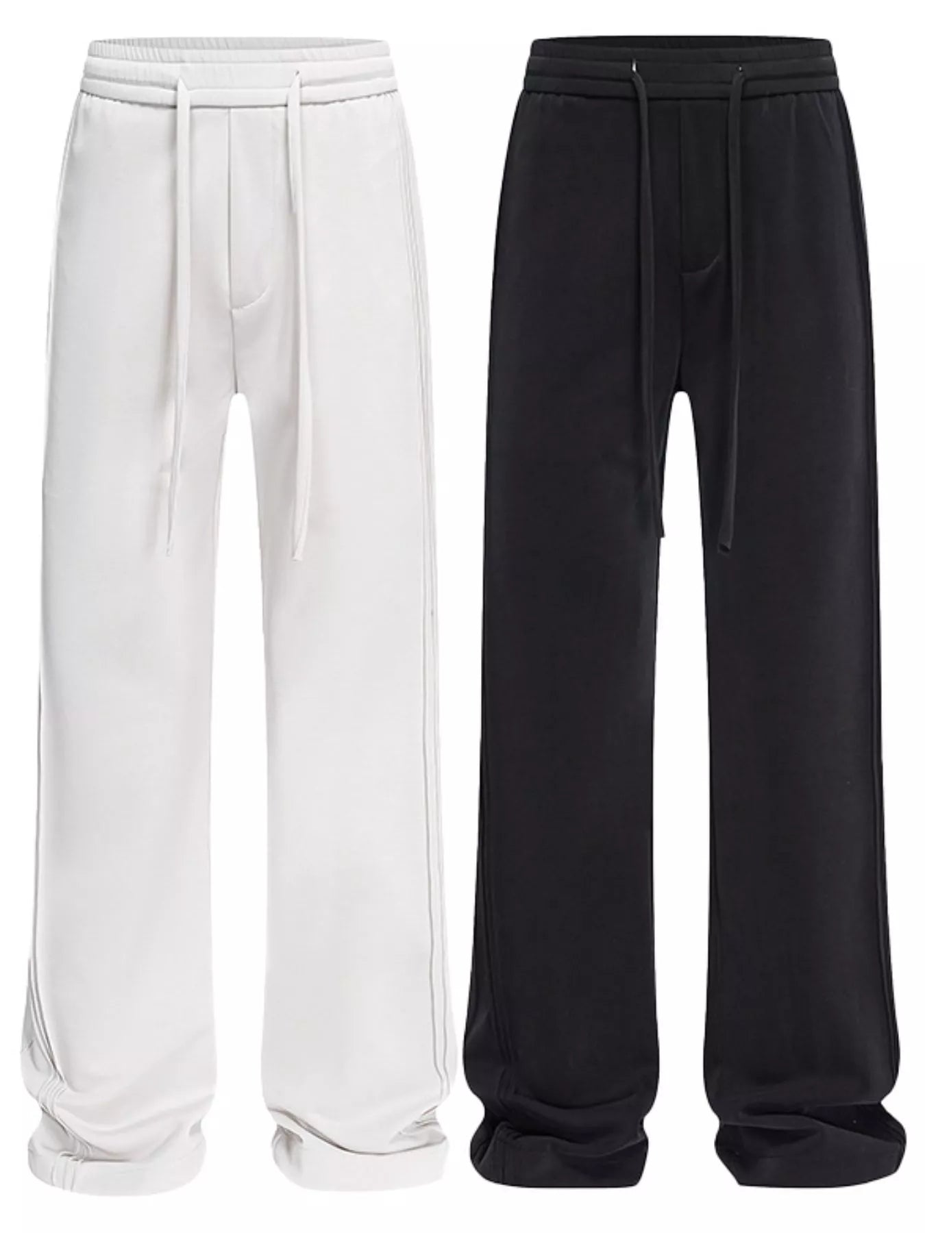 Relaxed fit drawstring casual pants in light gray and black with a cotton blend material.