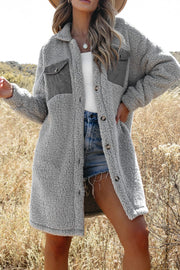 Gray sherpa coat with corduroy patch pockets and button front, styled with denim shorts.