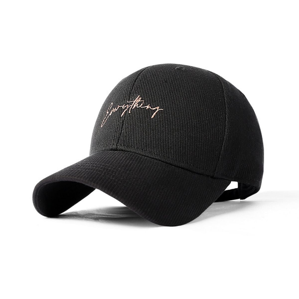 Black cotton baseball cap with cursive embroidery and curved brim.