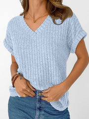 Light blue ribbed V-neck t-shirt with cuffed short sleeves and a relaxed fit.