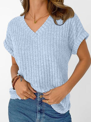 Light blue ribbed V-neck t-shirt with cuffed short sleeves and a relaxed fit.