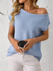 Light blue off-the-shoulder knit tee with short sleeves, styled casually.