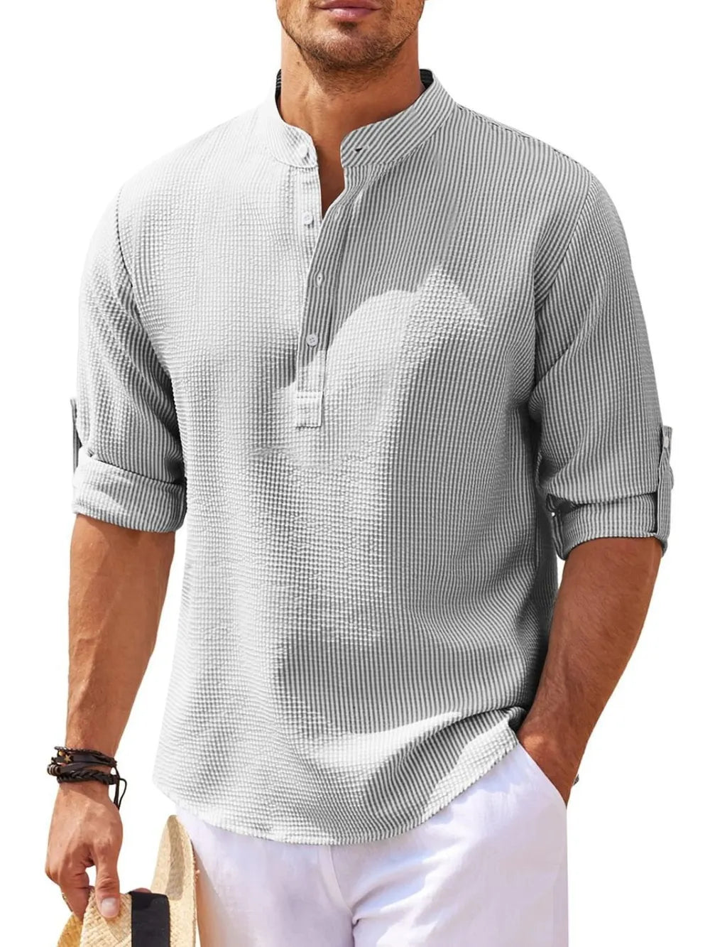Textured gray henley shirt with roll-up sleeves and button detail