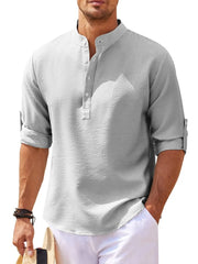 Textured gray henley shirt with roll-up sleeves and button detail