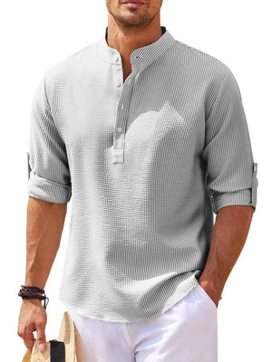 Textured gray henley shirt with roll-up sleeves and button detail