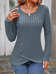 Gray ribbed long sleeve top with round neck and button detail