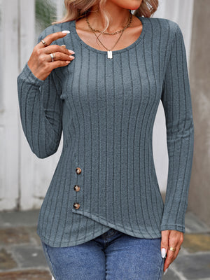 Gray ribbed long sleeve top with round neck and button detail
