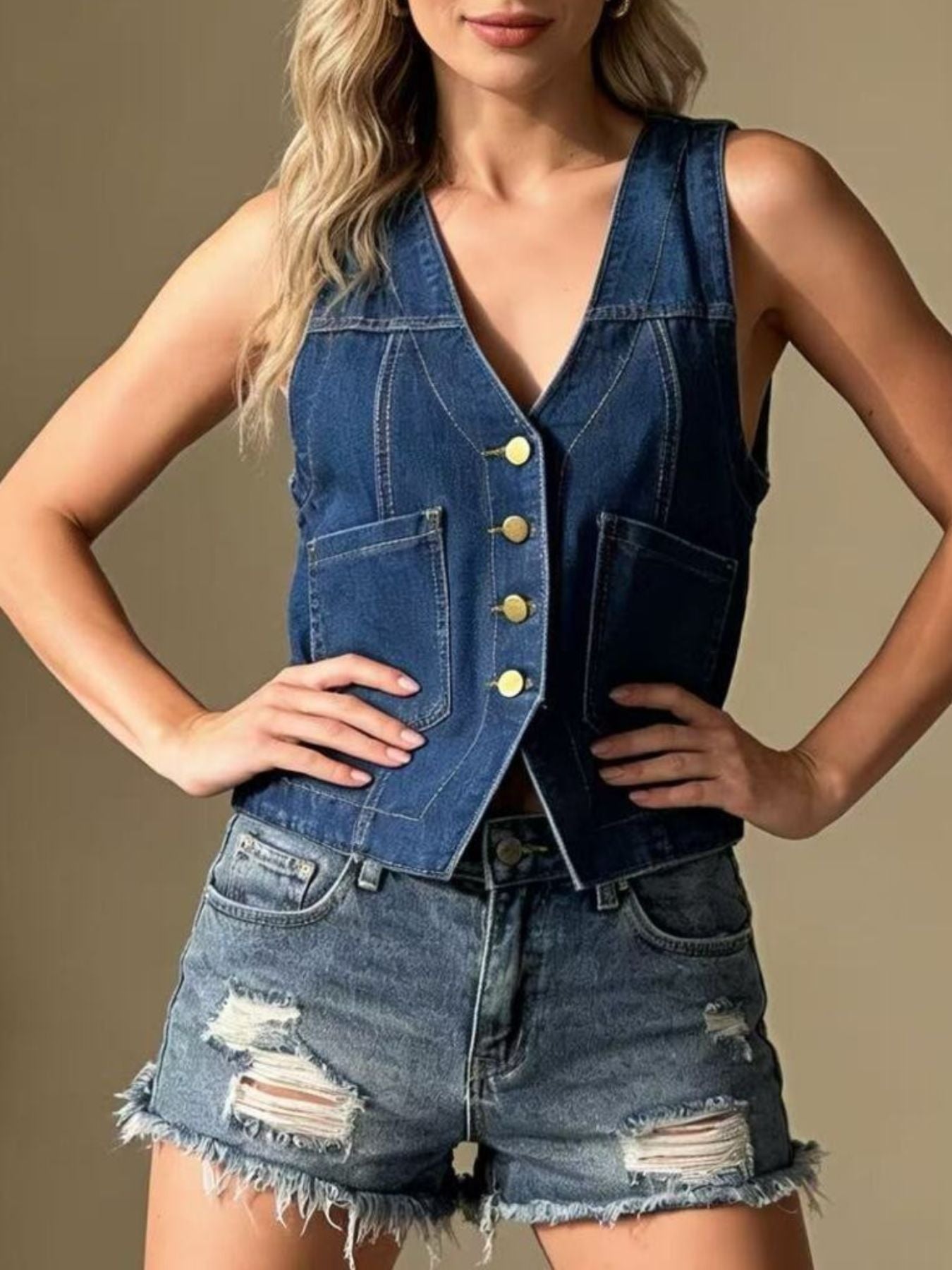 Plus size dark blue denim button-down vest with brass buttons and pockets